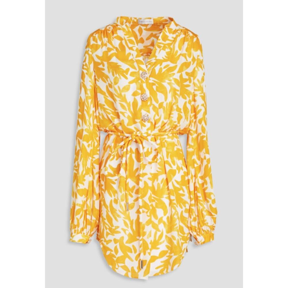 Rebecca Vallance Gathered Printed Crepe 'Kaftan' Yellow V Neck Long Sleeve